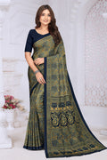 Navy & Olive Green Crepe Printed Saree