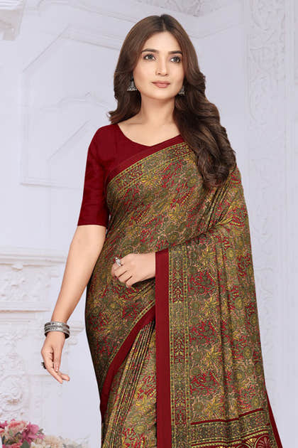 Maroon Crepe Printed Saree