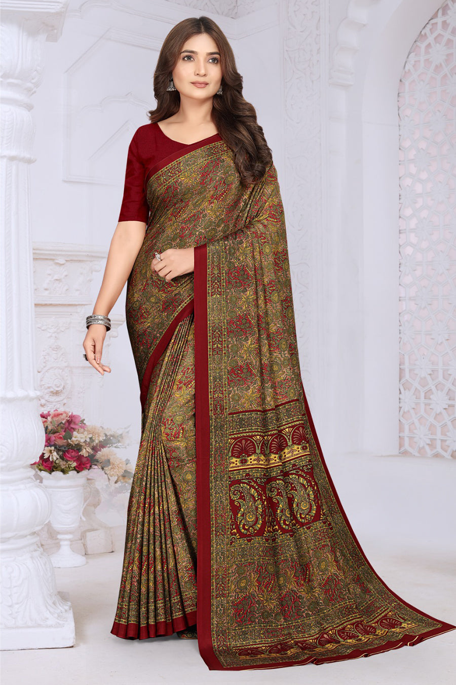 Maroon Crepe Printed Saree