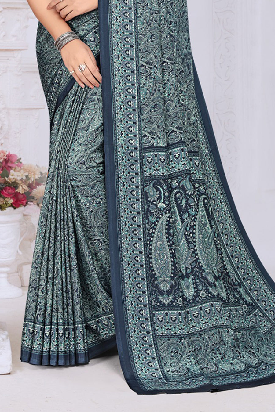 Navy Crepe Floral Printed Saree