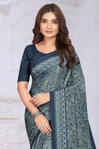 Navy Crepe Floral Printed Saree