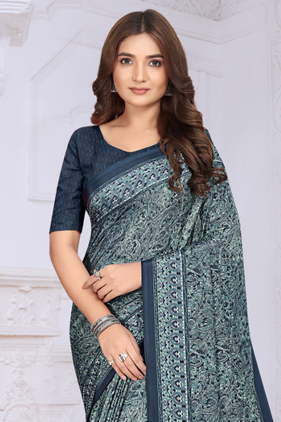 Navy Crepe Floral Printed Saree