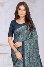 Navy Crepe Floral Printed Saree