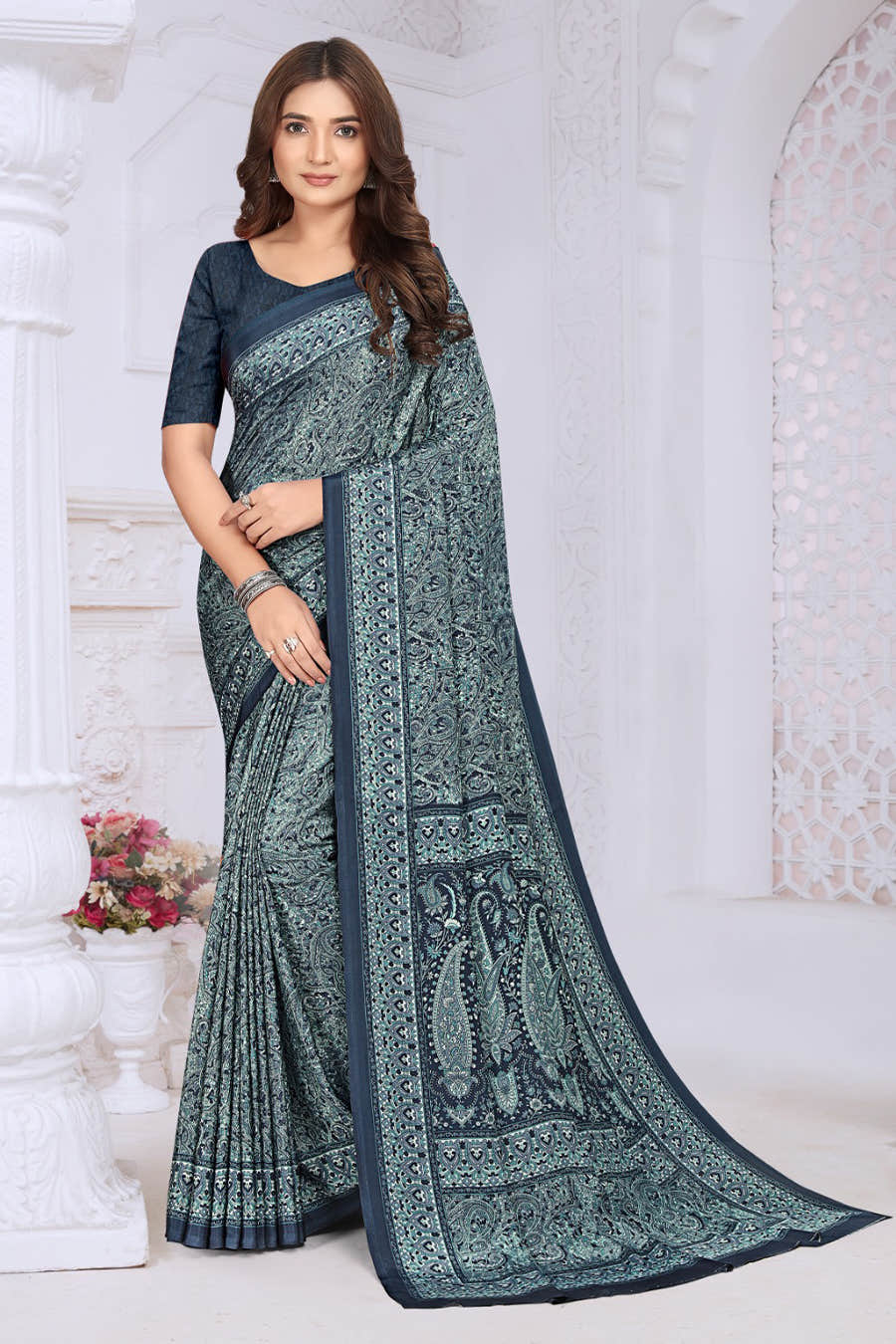 Navy Crepe Floral Printed Saree