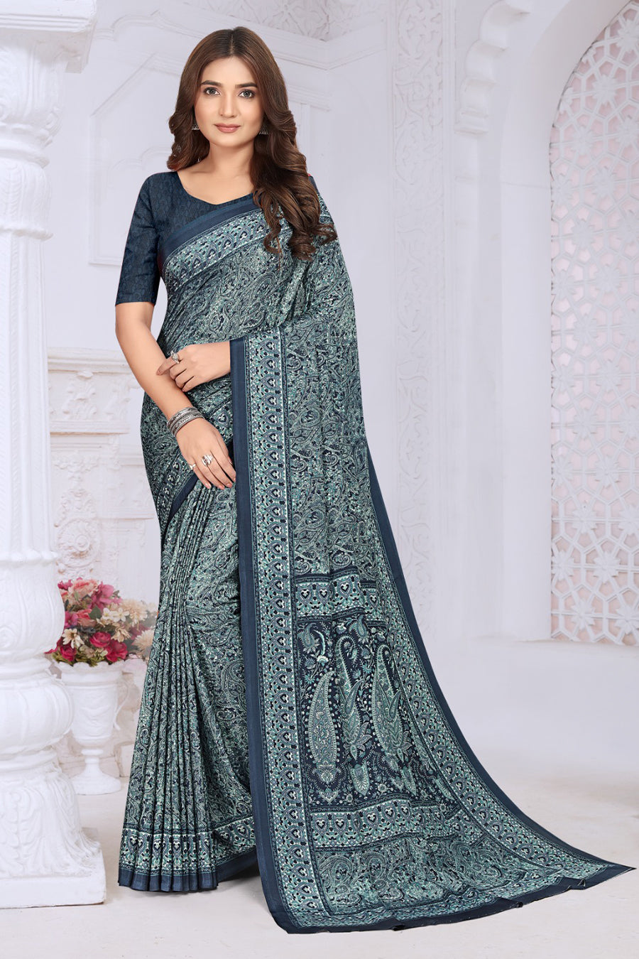 Navy Crepe Floral Printed Saree