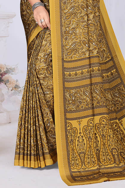 Mustard Crepe Printed Saree