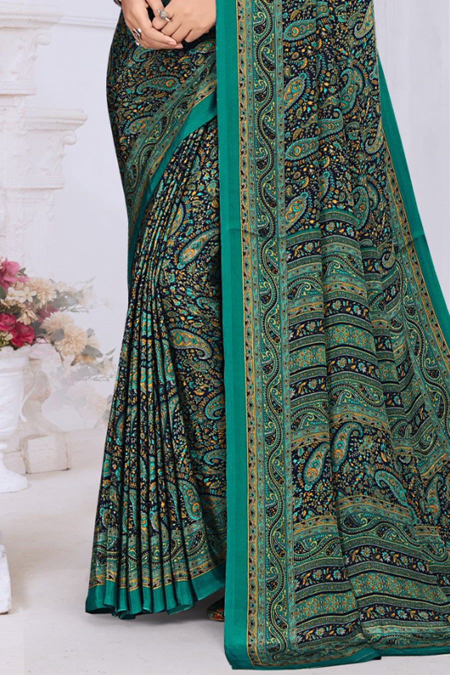 Teal & Navy Crepe Printed Saree