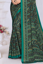 Teal & Navy Crepe Printed Saree