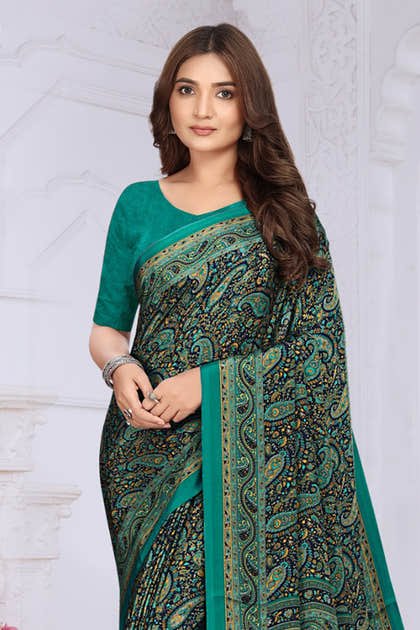 Teal & Navy Crepe Printed Saree