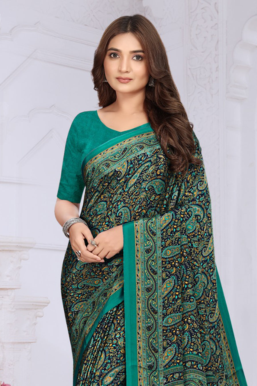 Teal & Navy Crepe Printed Saree