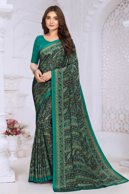 Teal & Navy Crepe Printed Saree