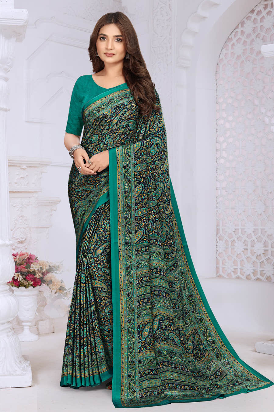 Teal & Navy Crepe Printed Saree