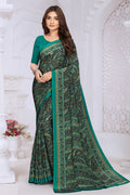 Teal & Navy Crepe Printed Saree