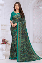 Teal & Navy Crepe Printed Saree