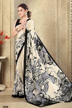 Cream & Grey Printed Crepe Silk Saree