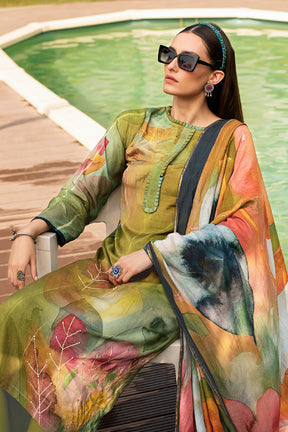 Olive Green Color Printed Crepe Silk Unstitched Suit Material