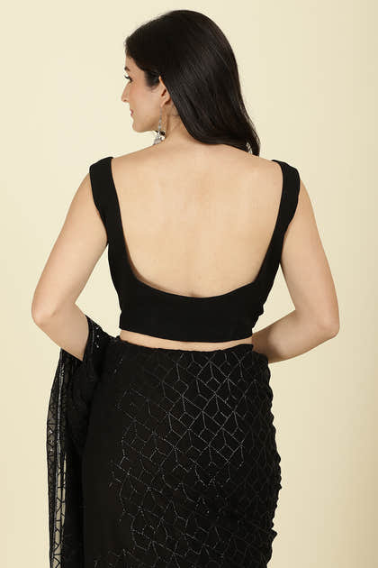 Black Georgette Sequins Embroidered Saree With Stone Work Readymade Blouse