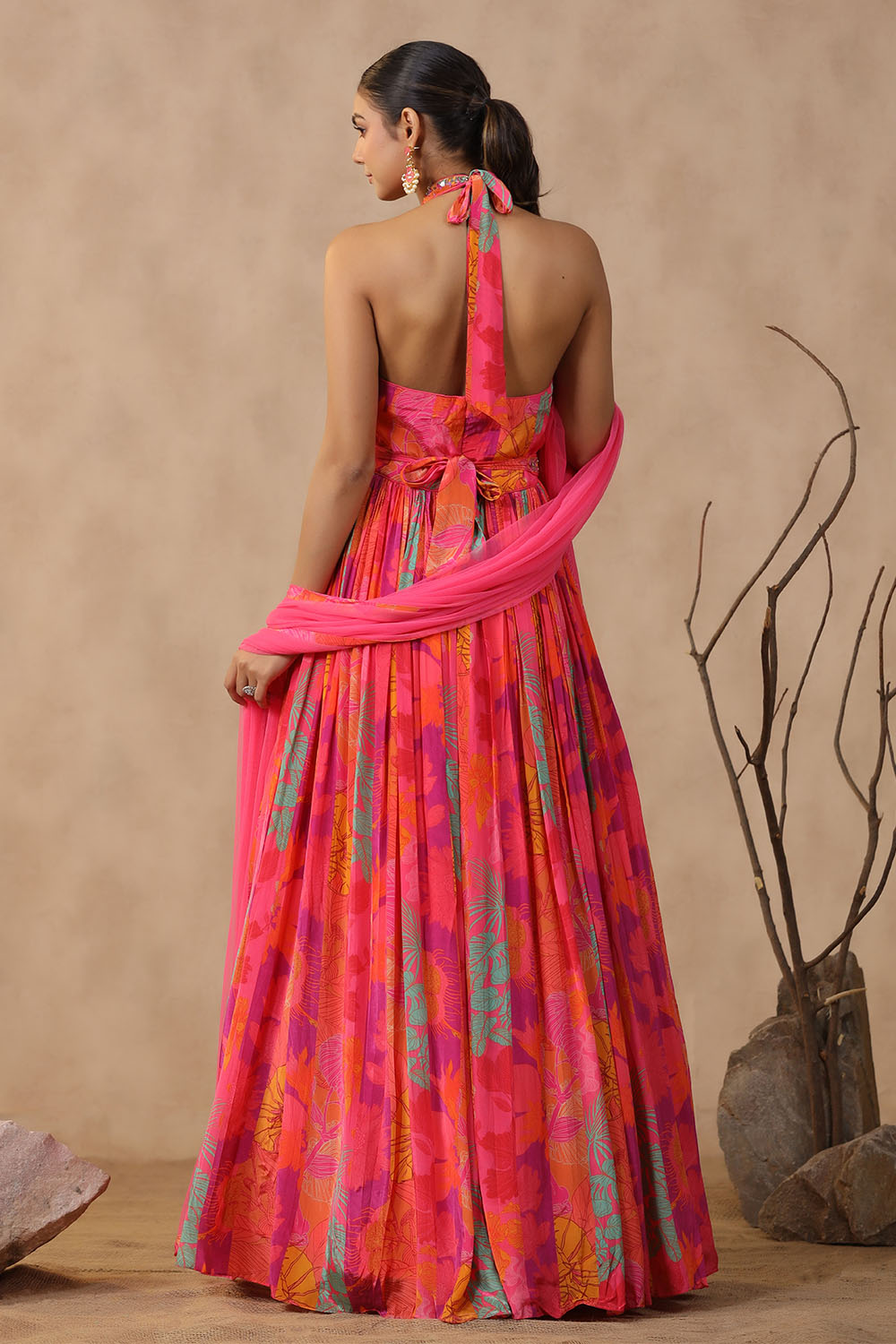 Pink & Orange Colour Crepe Silk Printed Anarkali Suit