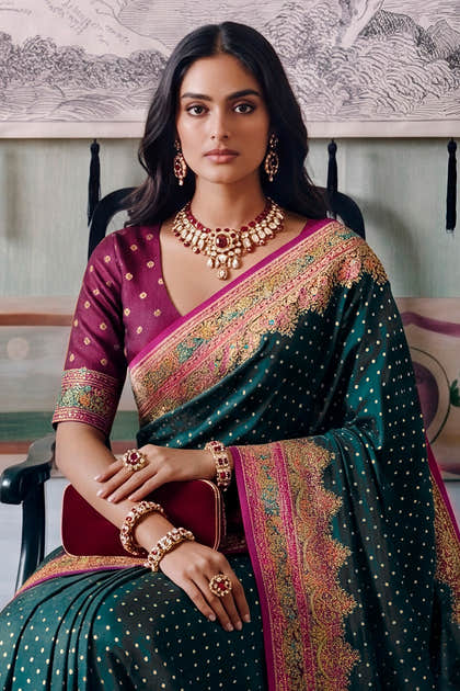 Bottle Green Soft Silk Kalamkari Woven Saree