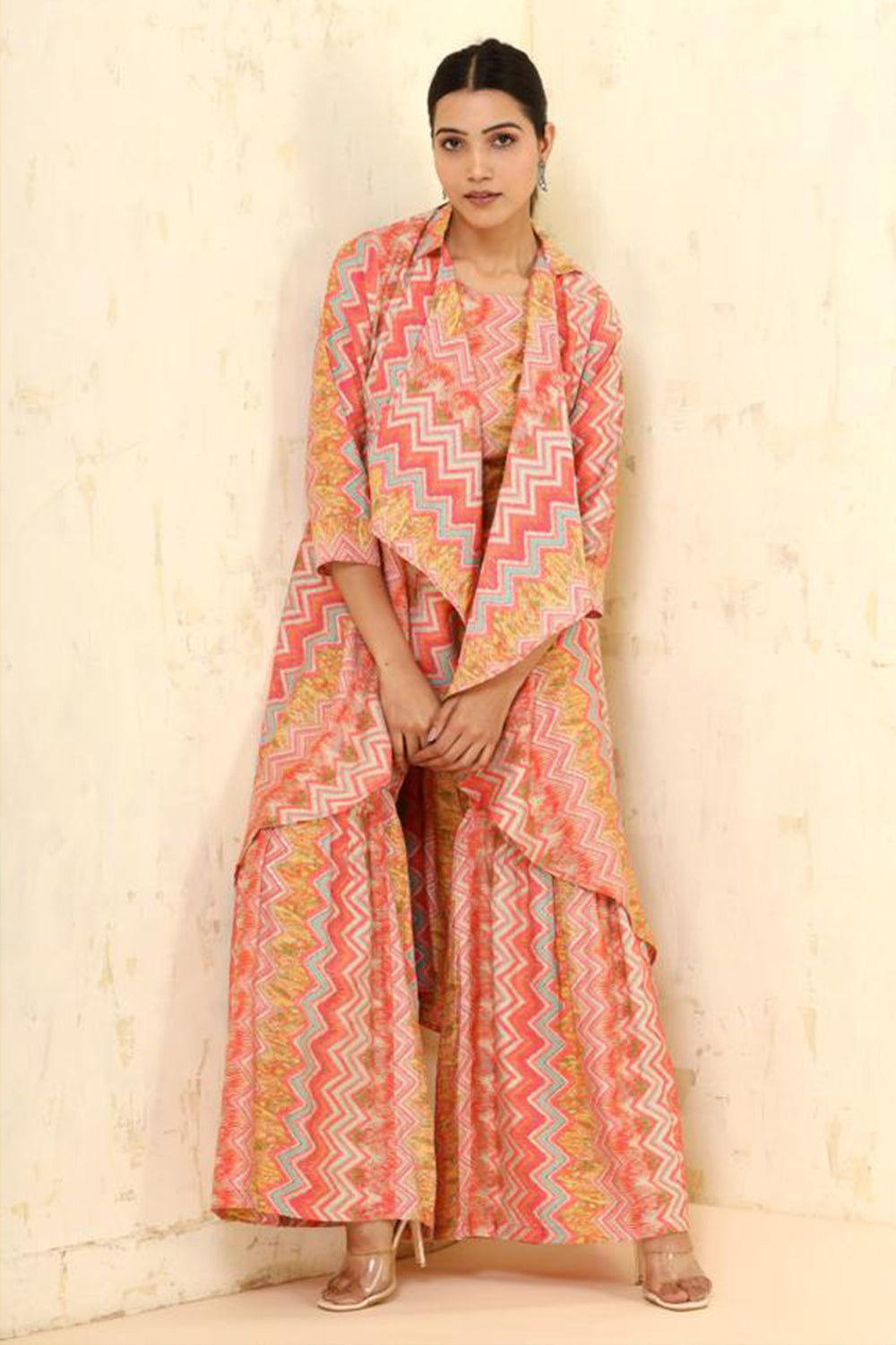 Multi-Colour Muslin Printed Crop-Top Kurta and Gharara Set With Shrugs