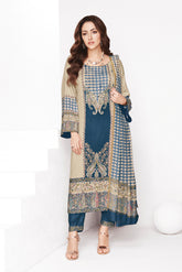 Navy & Beige Kashmiri Paisley Printed Unstitched Suits Material