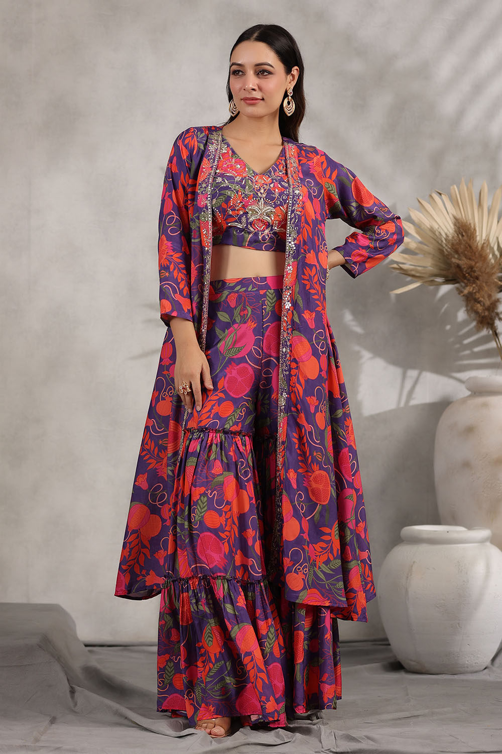 Orange & Purple Color Muslin Embroidered Crop-Top and Printed Sharara Set With Shrugs