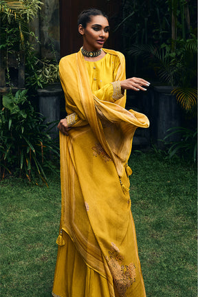 Mustard Color Embroidered Silk Unstitched Suit Material