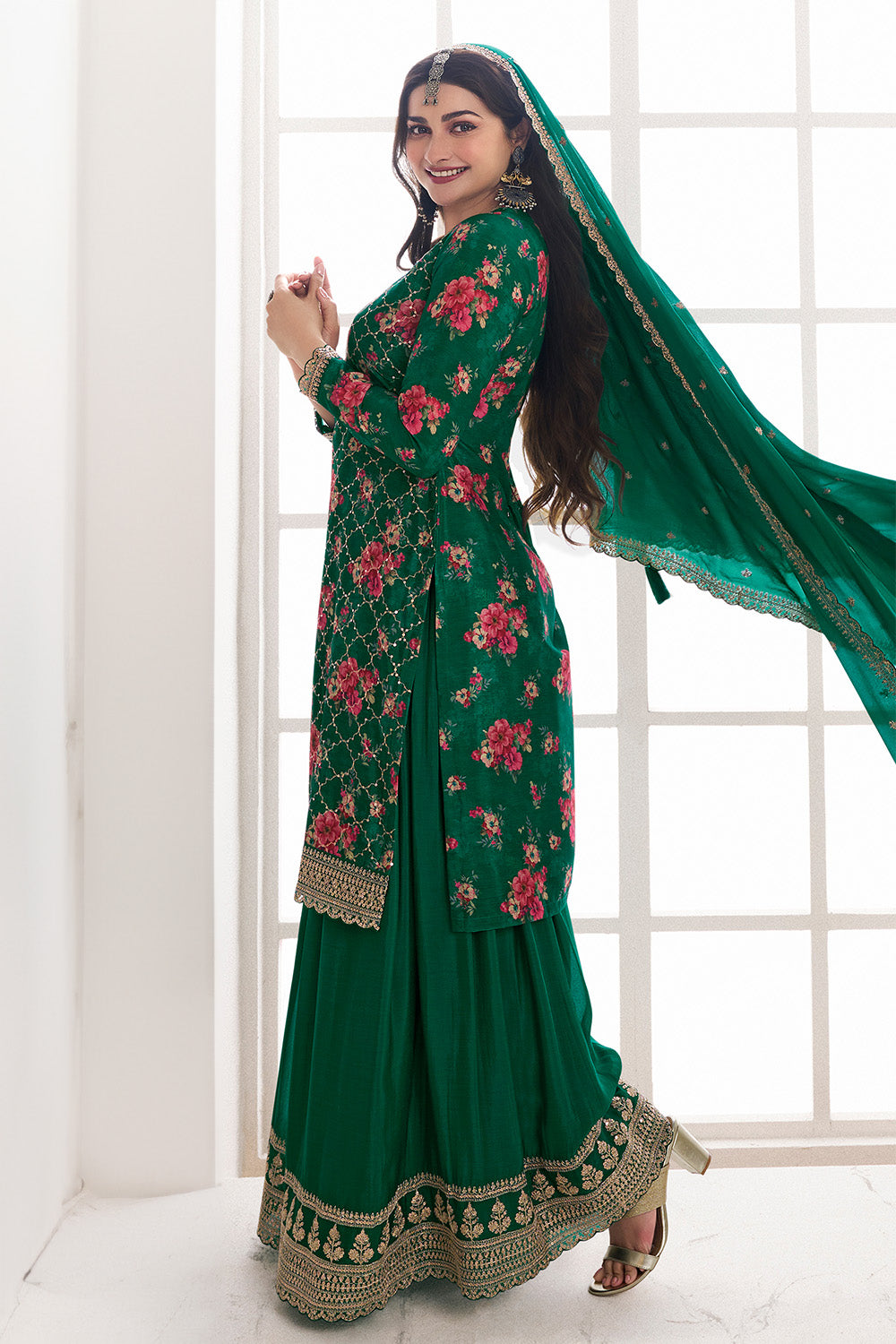 Green Color Printed Crepe Unstitched Suit Material With Stitched Palazzo