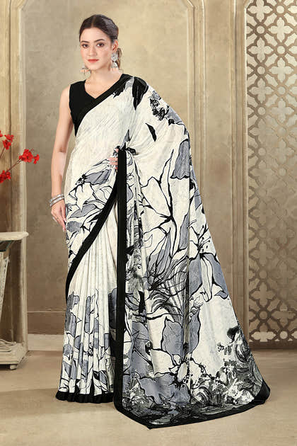 Cream & Grey Printed Crepe Silk Saree