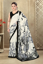 Cream & Grey Printed Crepe Silk Saree