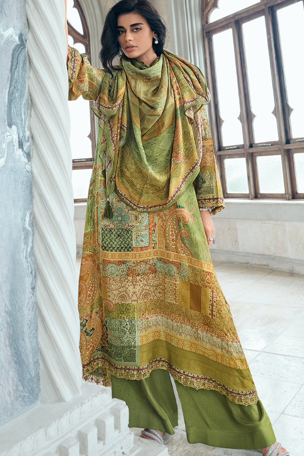 Sage Green Colour Printed Muslin Unstitched Suit Material