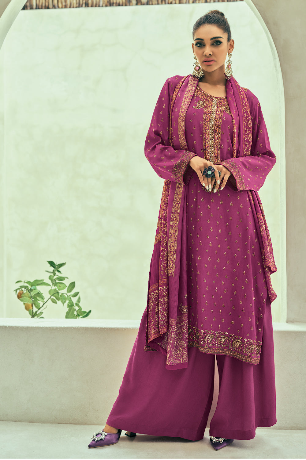 Purple Color Printed Crepe Unstitched Suit Material