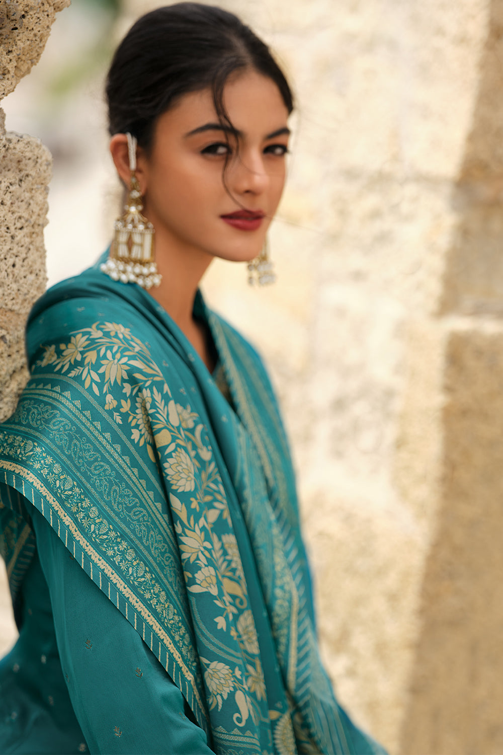 Teal Color Silk Zari Embroidered Unstitched Suit Material