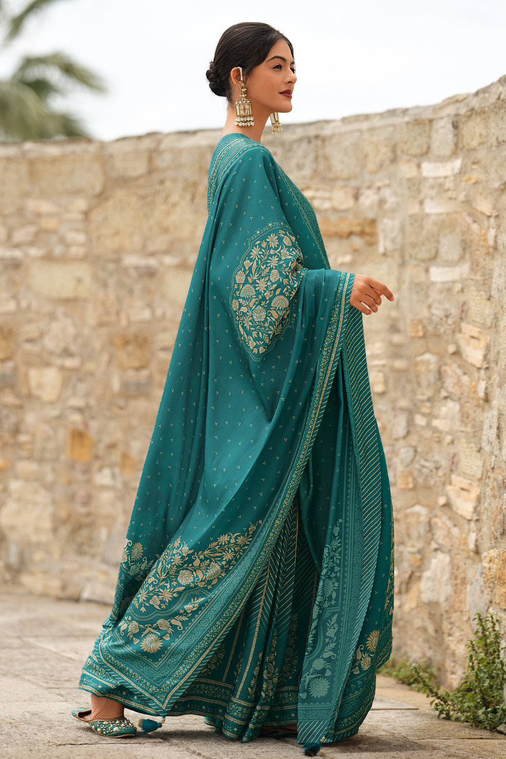 Teal Color Silk Zari Embroidered Unstitched Suit Material