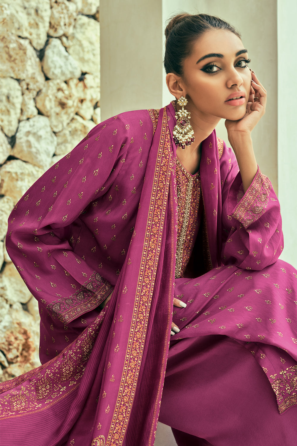 Purple Color Printed Crepe Unstitched Suit Material