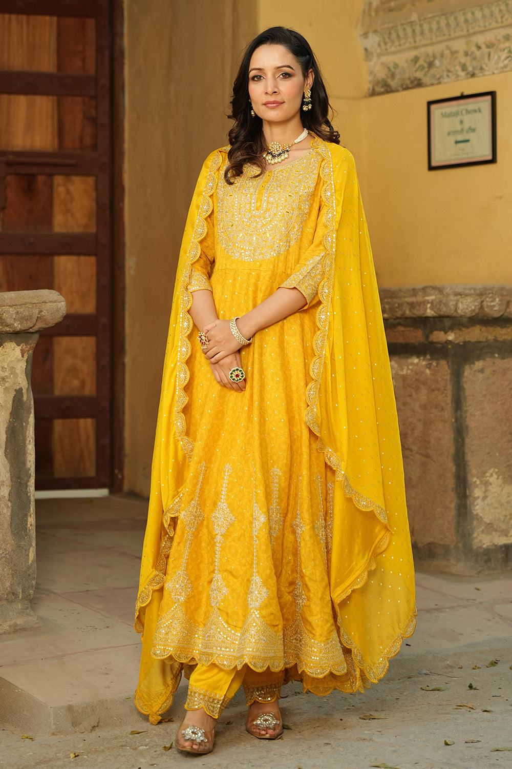 Mustard Color Muslin Zari Embroidered Anarkali Suit
