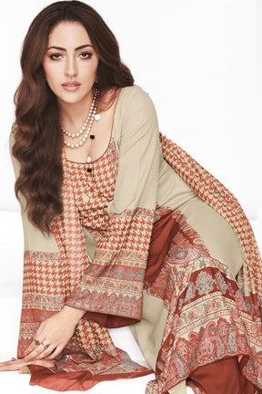 Brown & Beige Kashmiri Paisley Printed Unstitched Suits Material