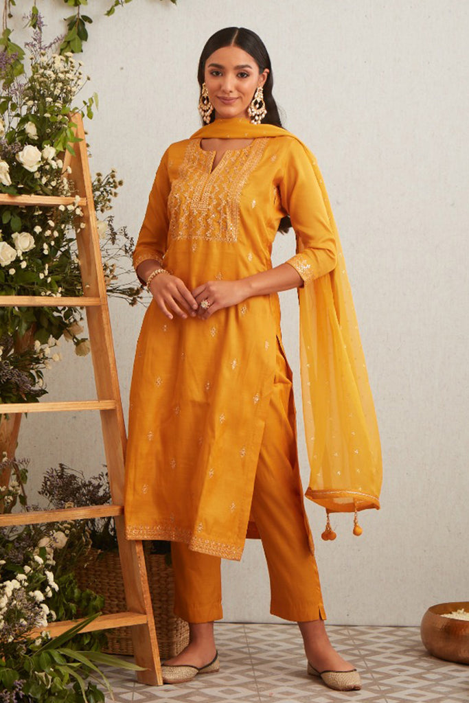 Mustard Silk Embroidered Unstitched Suit Material