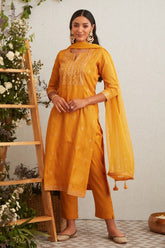 Mustard Silk Embroidered Unstitched Suit Material