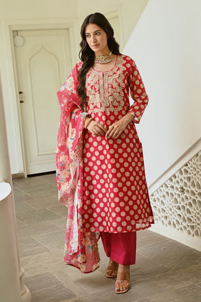 Fuchsia Pink Color Chanderi Printed Suit