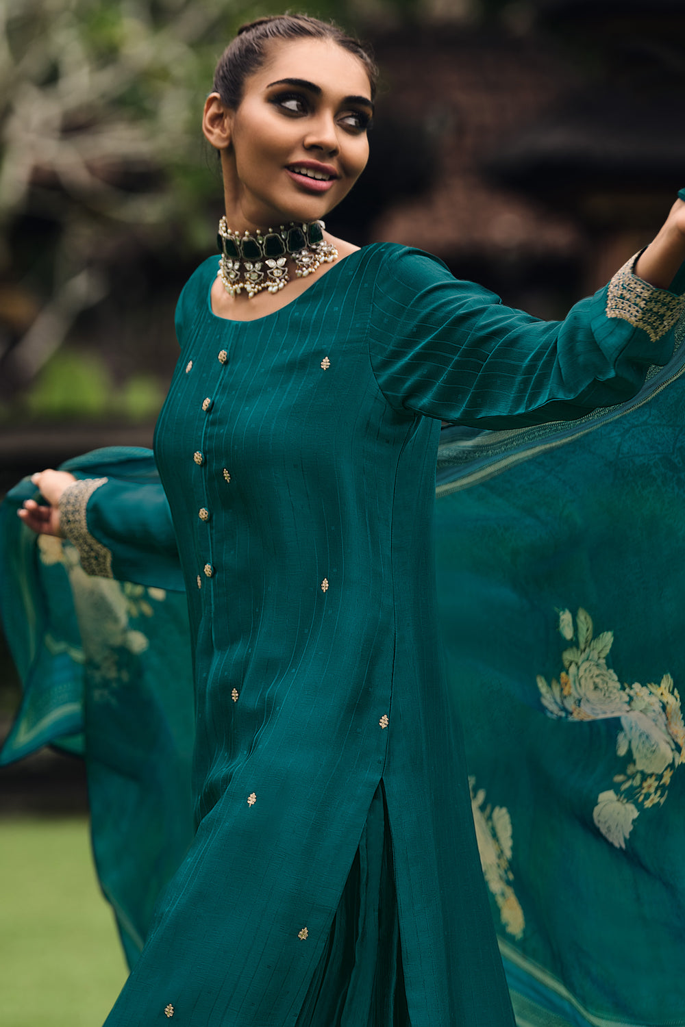 Teal Color Embroidered Silk Unstitched Suit Material