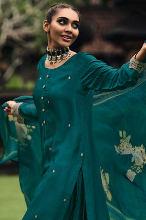 Teal Color Embroidered Silk Unstitched Suit Material