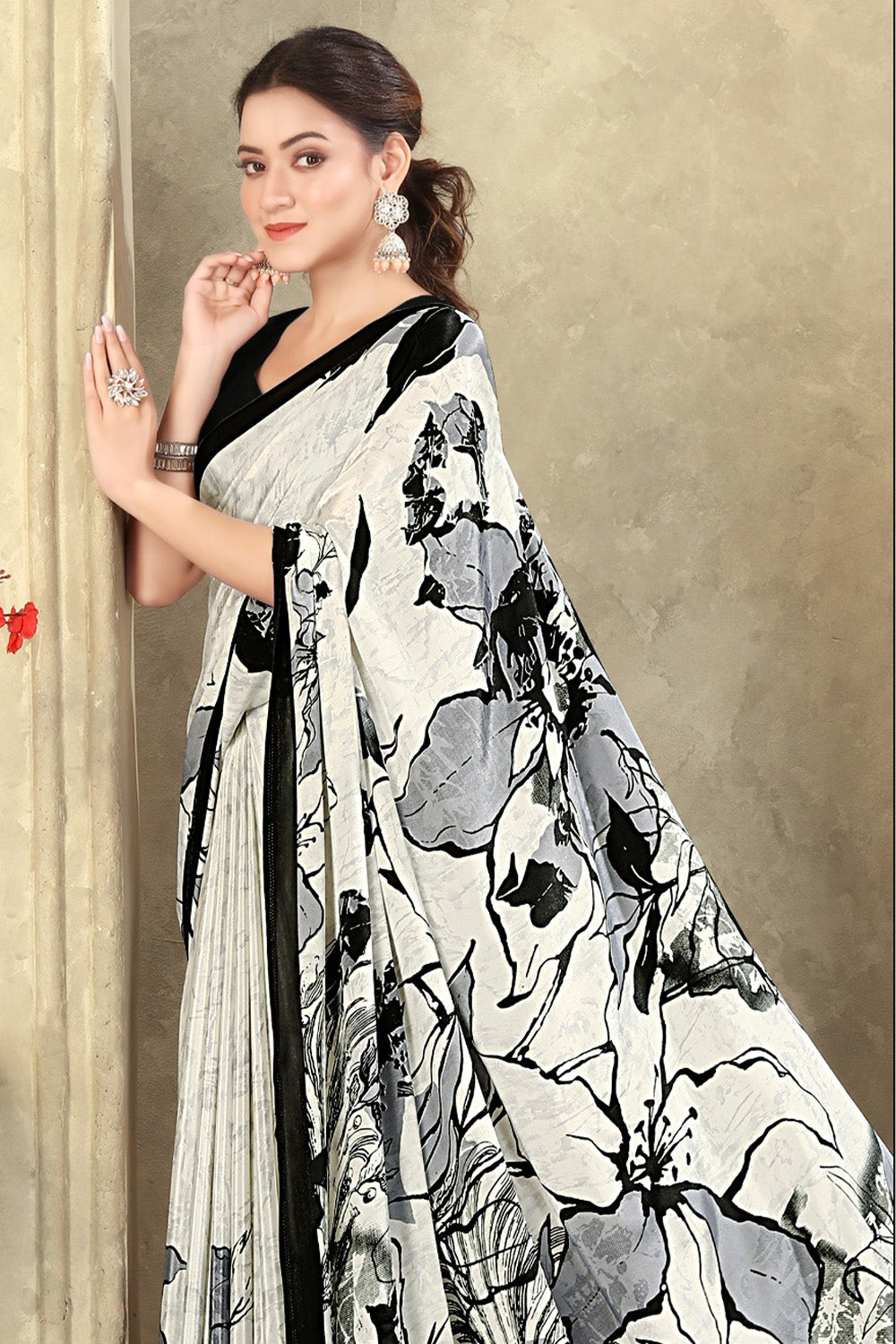 Cream & Grey Printed Crepe Silk Saree