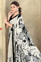 Cream & Grey Printed Crepe Silk Saree