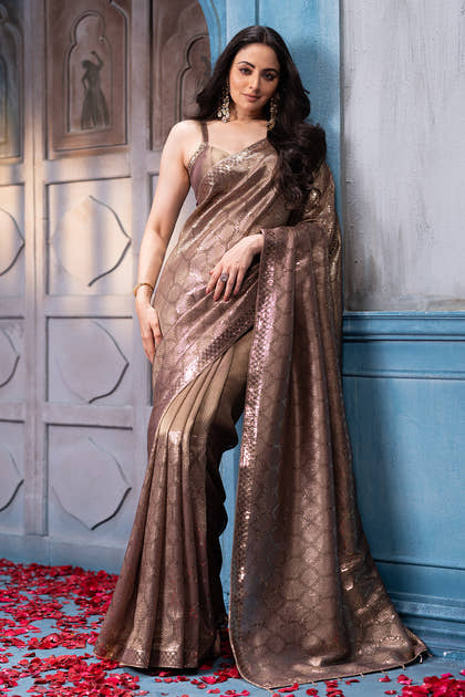 Brown Pure Metallic Tissue Sequins Embroidered Saree