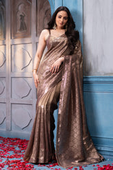 Brown Pure Metallic Tissue Sequins Embroidered Saree