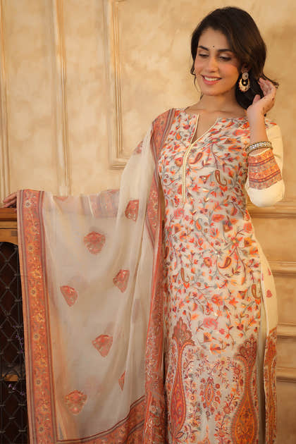 Cream Color Meena-Kaari Woven Chanderi Suit