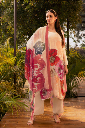 Peach Color Printed Crepe Silk Unstitched Suit Material