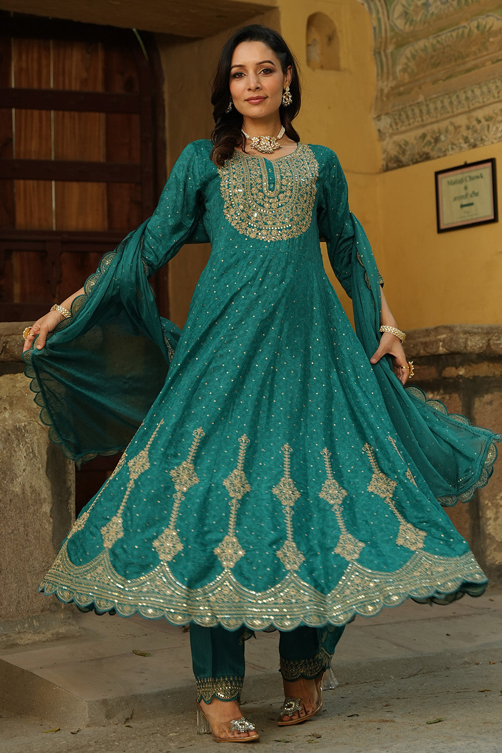 Teal Color Muslin Zari Embroidered Anarkali Suit