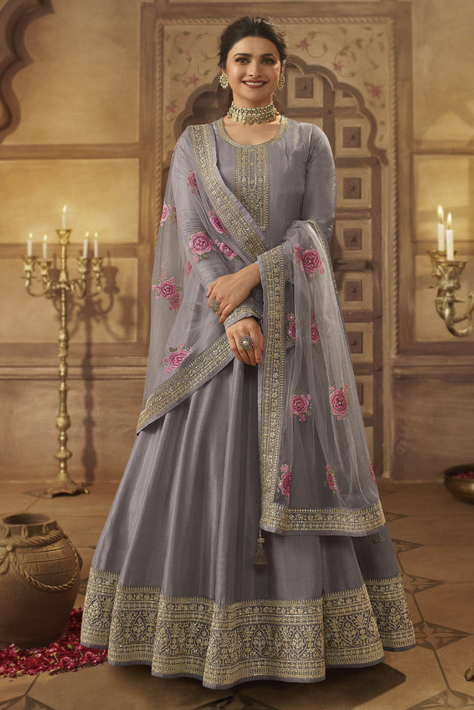 Grey Color Zari Embroidered Silk Unstitched Suit Material